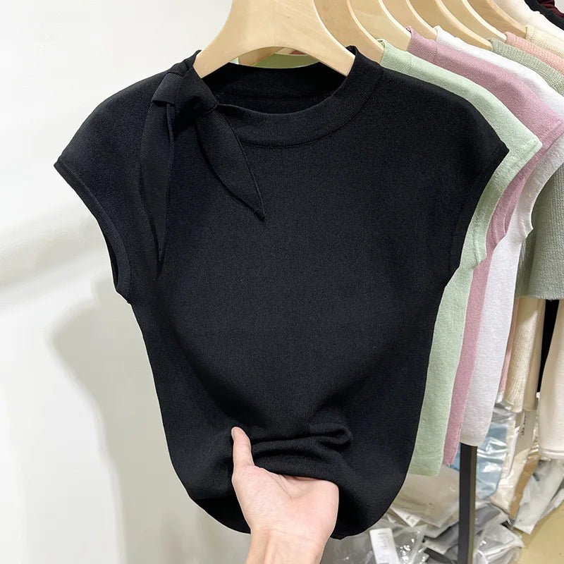 Strap Round Neck Short Sleeve T-shirt Knitted Trendy T-shirt 2025 Summer Slim - fit Tops for Women - Zeprah