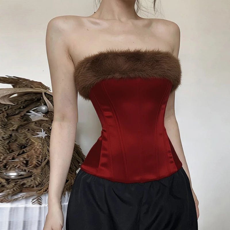Strapless Corset Top with Faux Fur Trim Zip Front Patchwork Body Shaper Bustier Short Spring Summer Fashion Bandeau - Zeprah