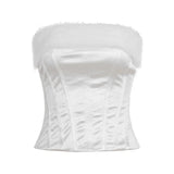 Strapless Corset Top with Faux Fur Trim Zip Front Patchwork Body Shaper Bustier Short Spring Summer Fashion Bandeau - Zeprah