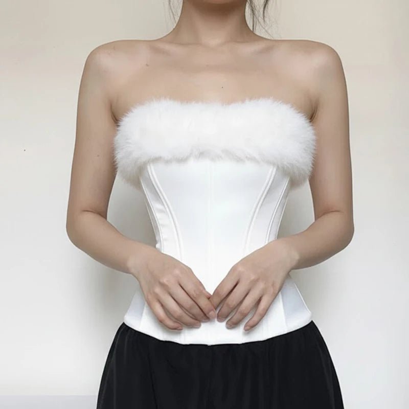Strapless Corset Top with Faux Fur Trim Zip Front Patchwork Body Shaper Bustier Short Spring Summer Fashion Bandeau - Zeprah