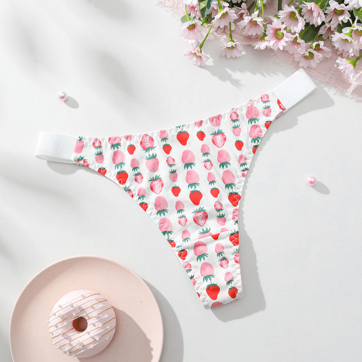 Strawberry Print Low - Rise Thong – 100% Cotton with White Waistband - Zeprah