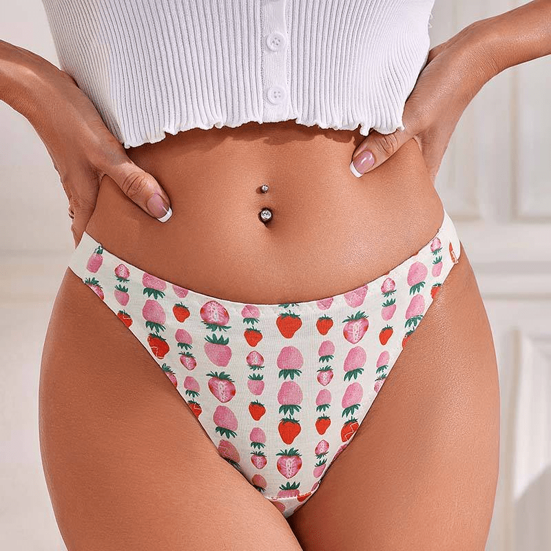 Strawberry Print Low - Rise Thong – 100% Cotton with White Waistband - Zeprah