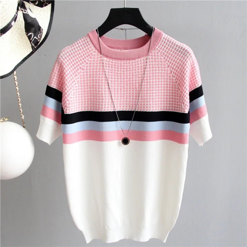 Streak Graphic Tee Ice Silk Knitting Tops for Women Splice Color Short - Sleeved Tee - Zeprah