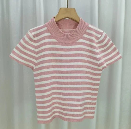 Streak Knitted Crop Top Mock Turtleneck Women's Clothing Best Sale Short - Sleeved Tee - Zeprah