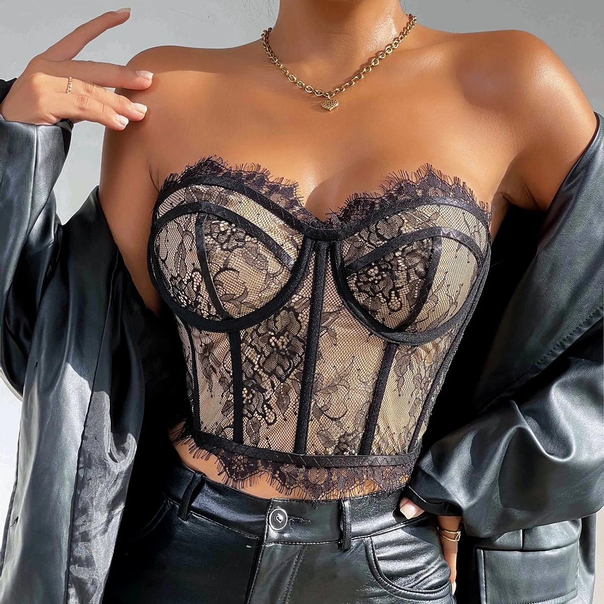 Street Hot Girl Sexy Boned Fitted Waist - Cinching Lace Bandeau Crop Top - Zeprah