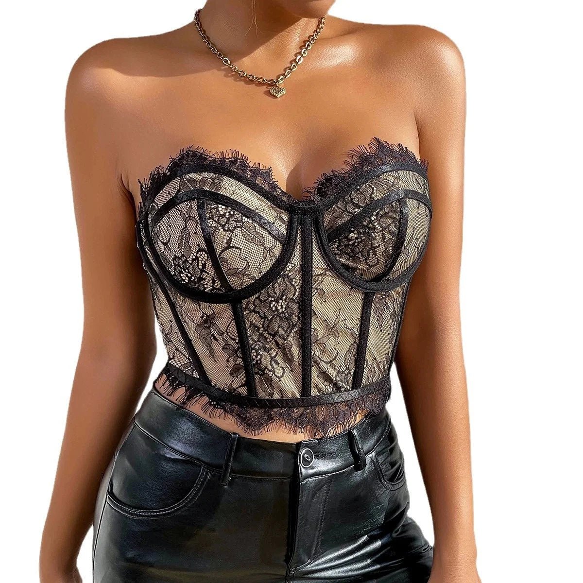 Street Hot Girl Sexy Boned Fitted Waist - Cinching Lace Bandeau Crop Top - Zeprah