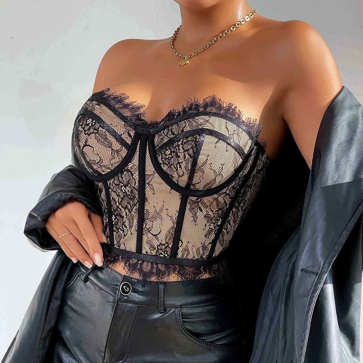 Street Hot Girl Sexy Boned Fitted Waist - Cinching Lace Bandeau Crop Top - Zeprah