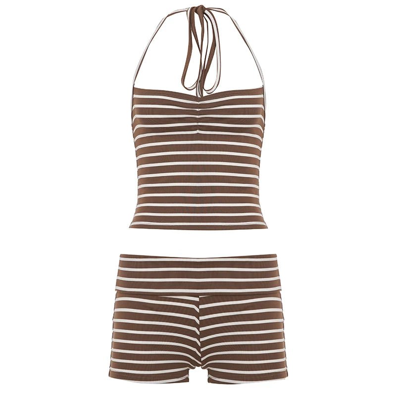 Striped Lace up Print Women's Shorts Set - Sleeveless Cami Top & Tie - Front Shorts 2 - Piece Sports Yoga Outfit - Zeprah