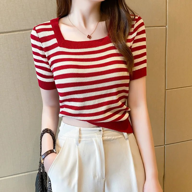 Striped Square Collar Short - sleeved T-shirt Women's Summer New Contrast Color Knitted Shirt Slim - fit Short Sleeve Top - Zeprah