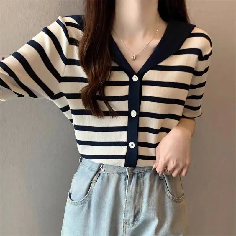 Striped Women's T-shirts Fashionable Knitted Tops for Women Simple Short Sleeve Top - Zeprah