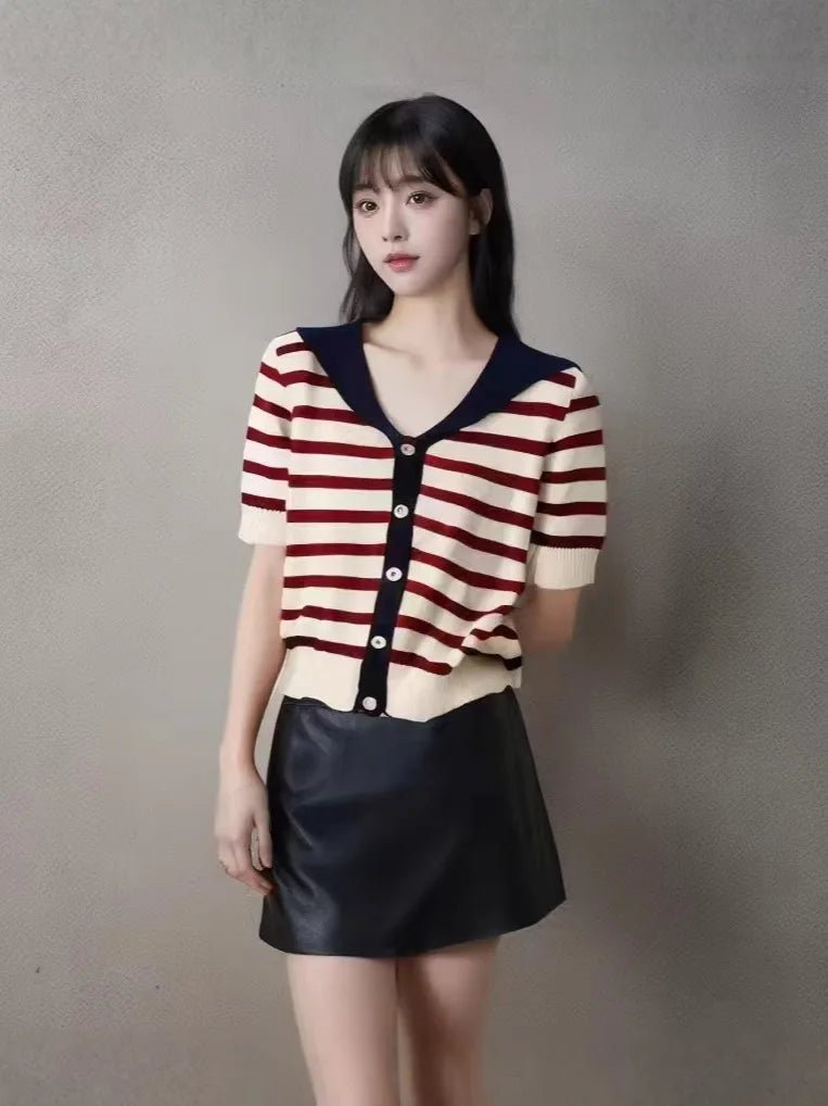 Striped Women's T-shirts Fashionable Knitted Tops for Women Simple Short Sleeve Top - Zeprah