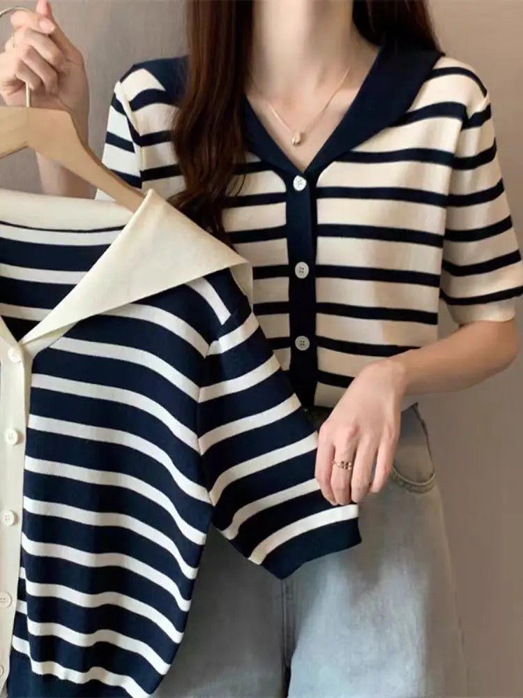Striped Women's T-shirts Fashionable Knitted Tops for Women Simple Short Sleeve Top - Zeprah