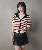 Striped Women's T-shirts Fashionable Knitted Tops for Women Simple Short Sleeve Top - Zeprah
