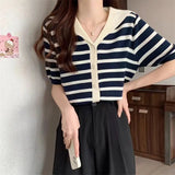 Striped Women's T-shirts Fashionable Knitted Tops for Women Simple Short Sleeve Top - Zeprah
