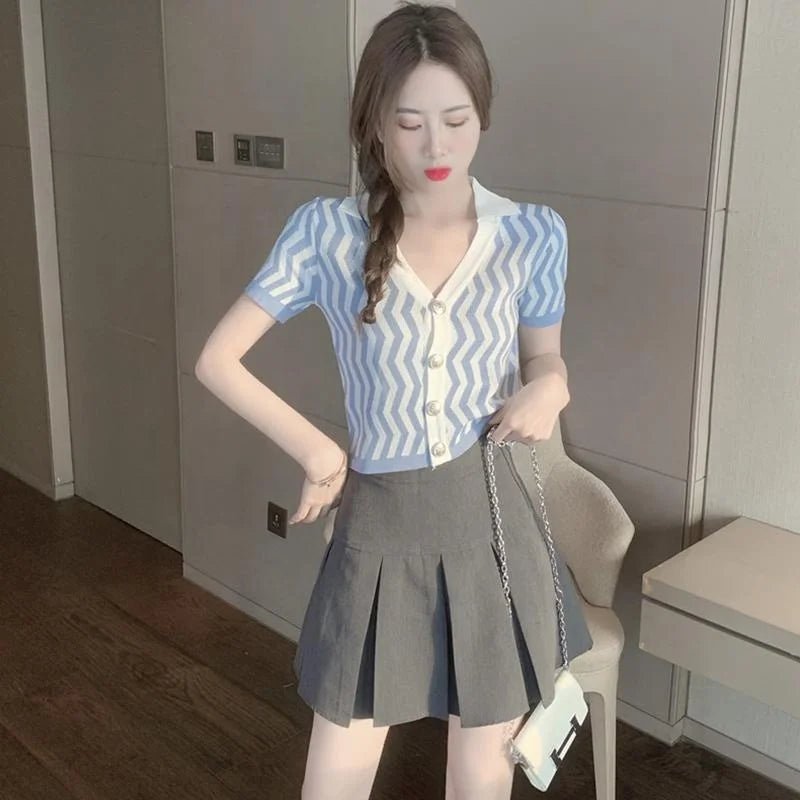 Summer 2025 New Lapel Stripe T-shirt High Waist Short Sleeve Women's Fashionable Slimming Top - Zeprah