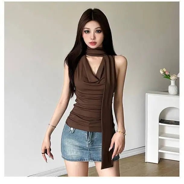 Summer American Spice Girl Sexy Slim - fit Swing Collar Design Sense All - match Strap Vest Women's Sleeveless Top - Zeprah