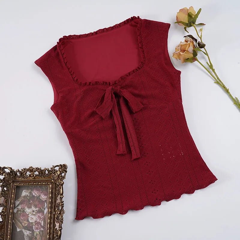 Summer Casual Breathable Eco - Friendly Sleeveless Tank Top Solid Color with Sweetheart Bow Lace Trim - Zeprah