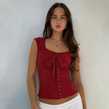 Summer Casual Breathable Eco - Friendly Sleeveless Tank Top Solid Color with Sweetheart Bow Lace Trim - Zeprah