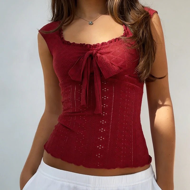 Summer Casual Breathable Eco - Friendly Sleeveless Tank Top Solid Color with Sweetheart Bow Lace Trim - Zeprah