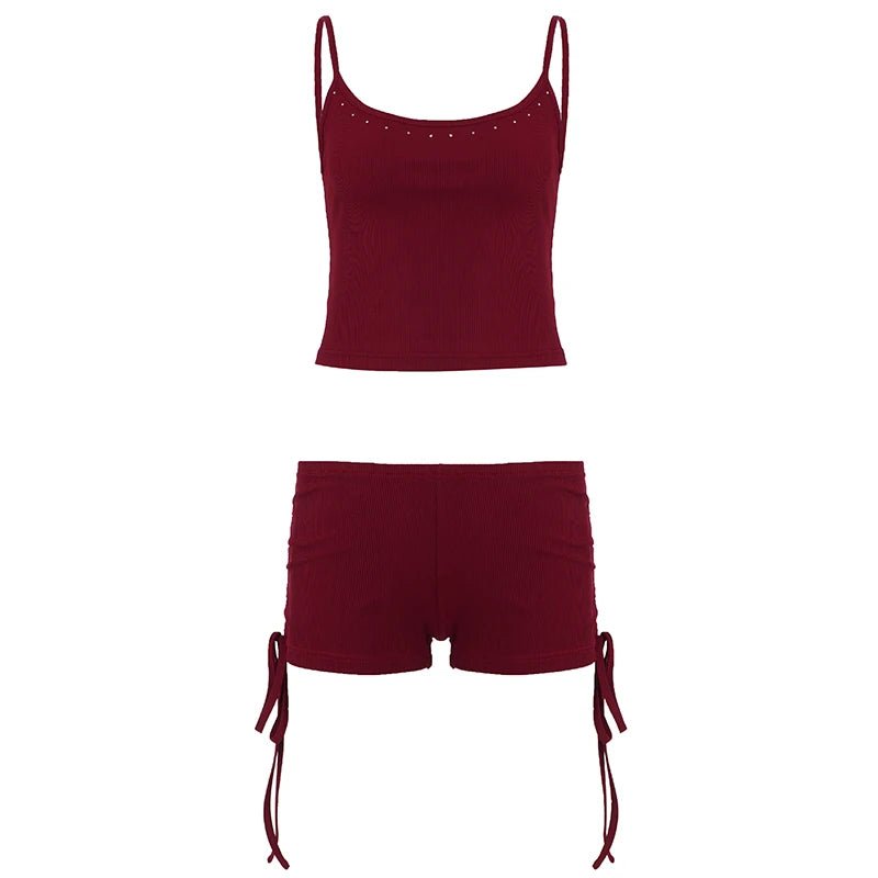Summer Casual Knit Two - Piece Set Rivet Trim Sleeveless Camisole Low Waist Drawstring Shorts Breathable Eco - Friendly Comfort - Zeprah