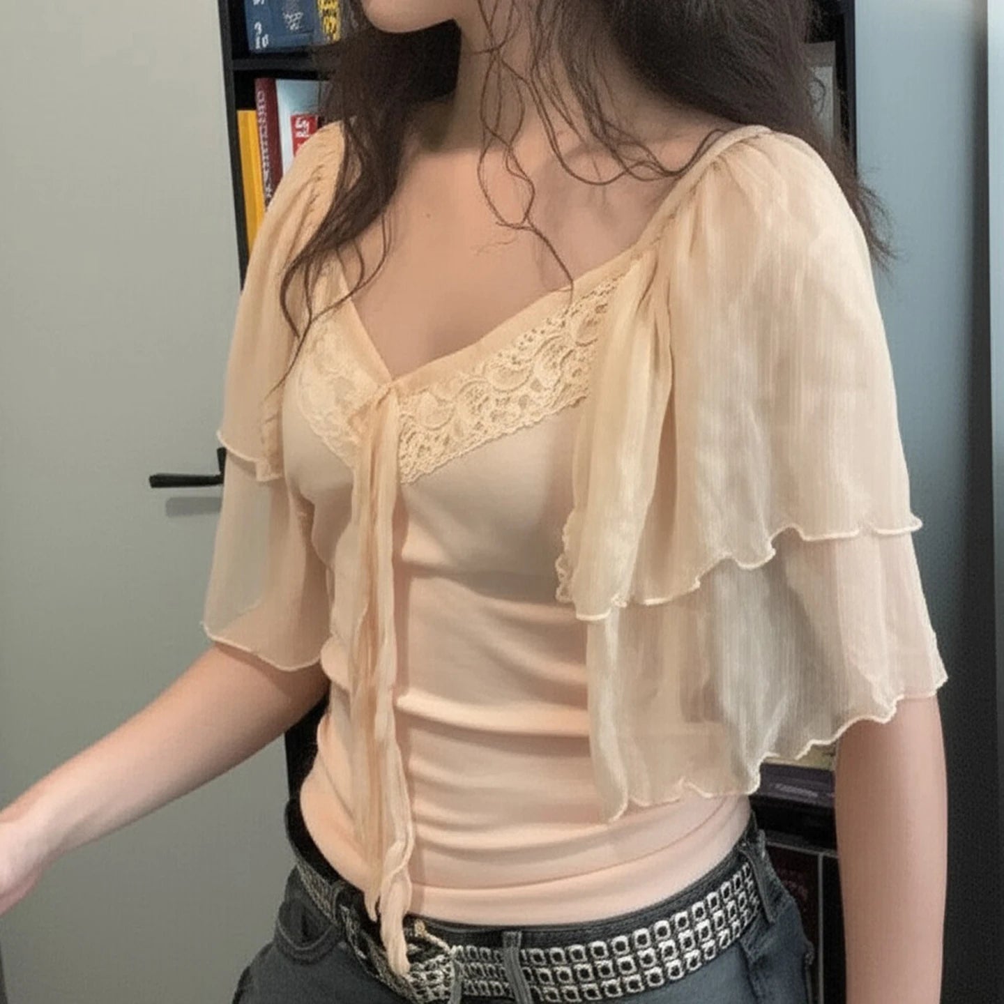 Summer Eco - Friendly Women's Slim Fit V - neck T-shirt Breathable Lace Quick Dry Home Leisure Cute Top - Zeprah