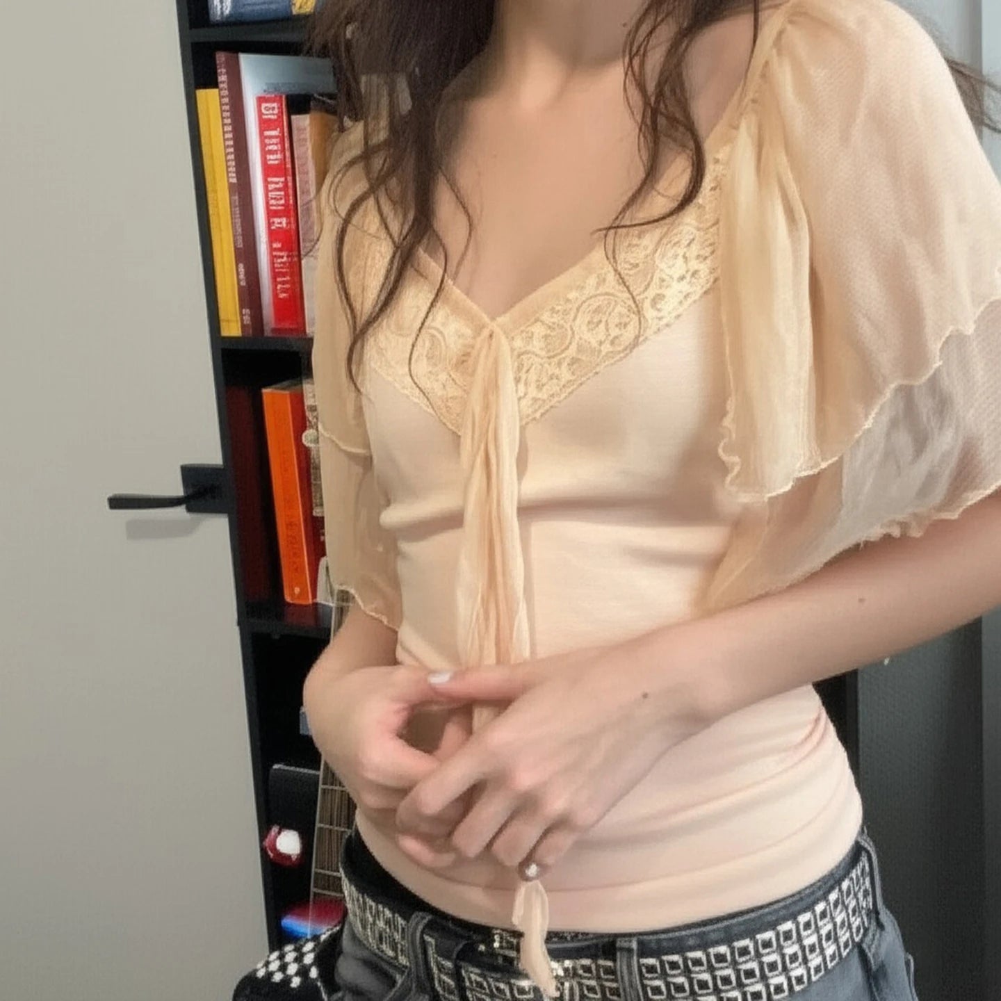 Summer Eco - Friendly Women's Slim Fit V - neck T-shirt Breathable Lace Quick Dry Home Leisure Cute Top - Zeprah