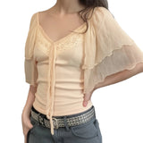 Summer Eco - Friendly Women's Slim Fit V - neck T-shirt Breathable Lace Quick Dry Home Leisure Cute Top - Zeprah