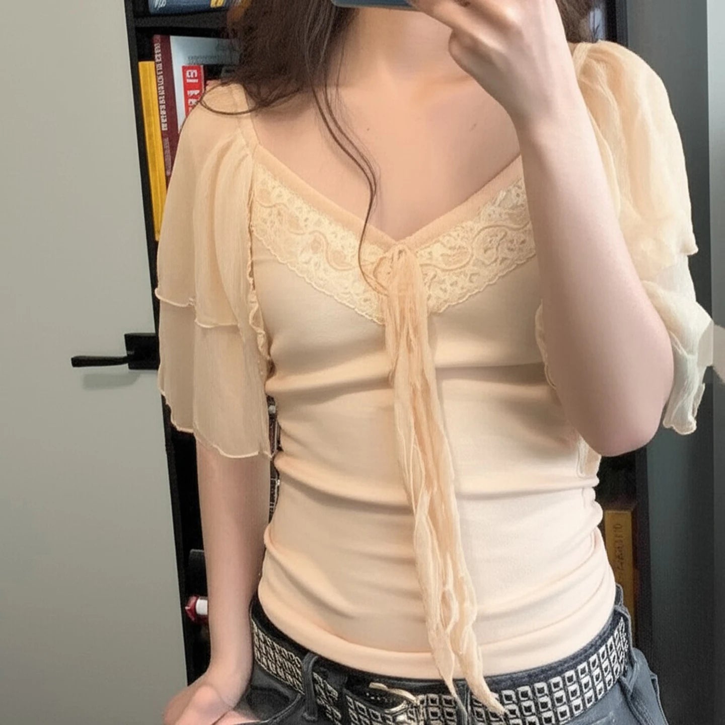 Summer Eco - Friendly Women's Slim Fit V - neck T-shirt Breathable Lace Quick Dry Home Leisure Cute Top - Zeprah