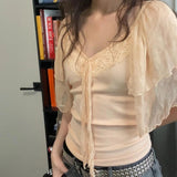 Summer Eco - Friendly Women's Slim Fit V - neck T-shirt Breathable Lace Quick Dry Home Leisure Cute Top - Zeprah