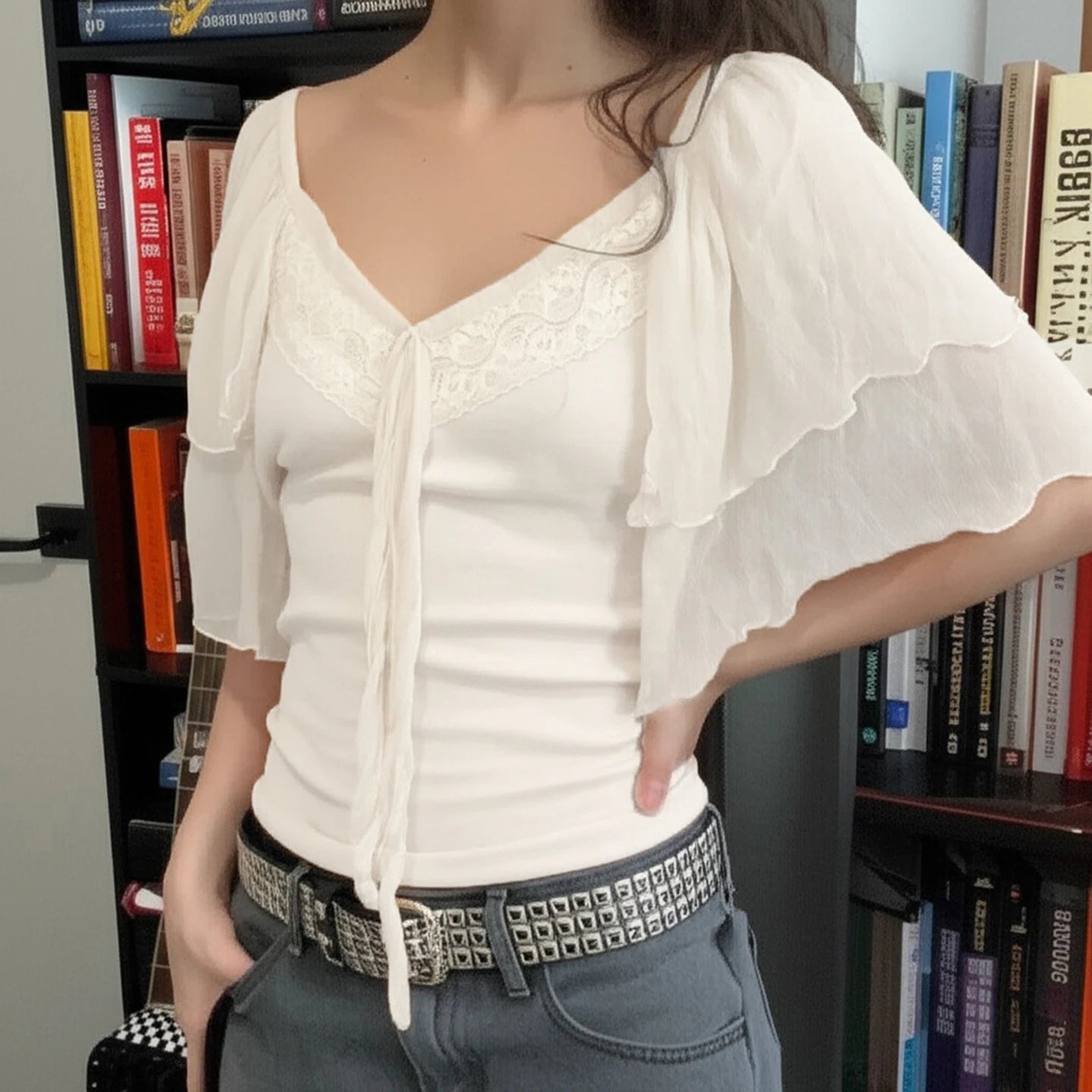 Summer Eco - Friendly Women's Slim Fit V - neck T-shirt Breathable Lace Quick Dry Home Leisure Cute Top - Zeprah