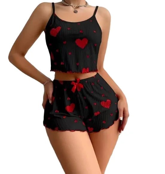 Summer European American Knitted Ribbed Heart Print Design Sweet Collarless Polyester Camisole Shorts Pure Women's Pajamas - Zeprah
