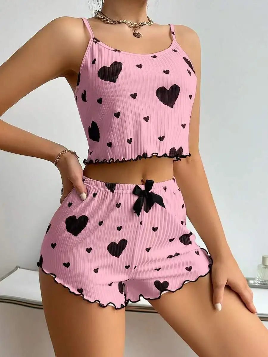 Summer European American Knitted Ribbed Heart Print Design Sweet Collarless Polyester Camisole Shorts Pure Women's Pajamas - Zeprah