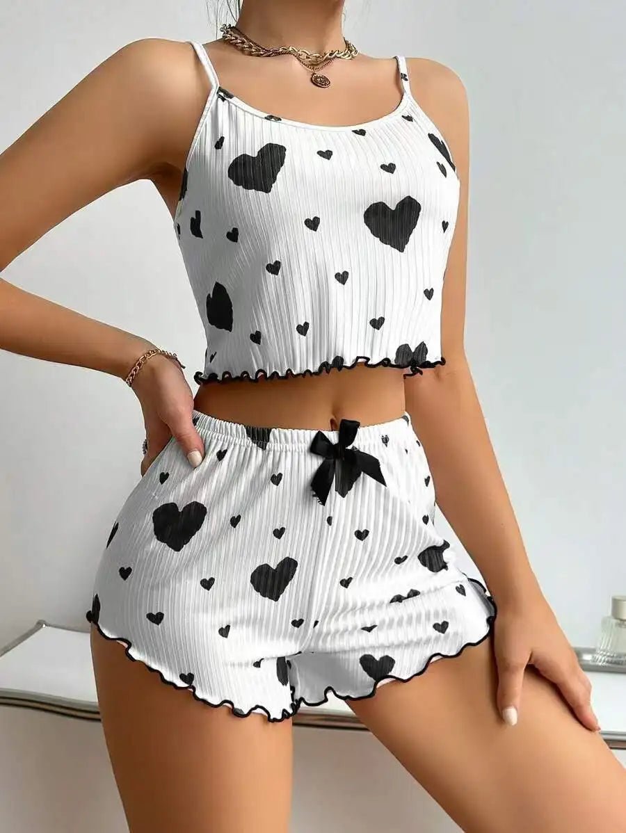 Summer European American Knitted Ribbed Heart Print Design Sweet Collarless Polyester Camisole Shorts Pure Women's Pajamas - Zeprah