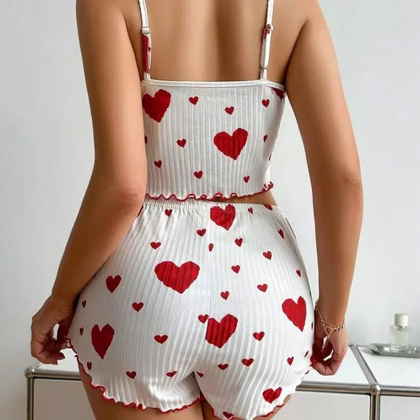 Summer European American Knitted Ribbed Heart Print Design Sweet Collarless Polyester Camisole Shorts Pure Women's Pajamas - Zeprah