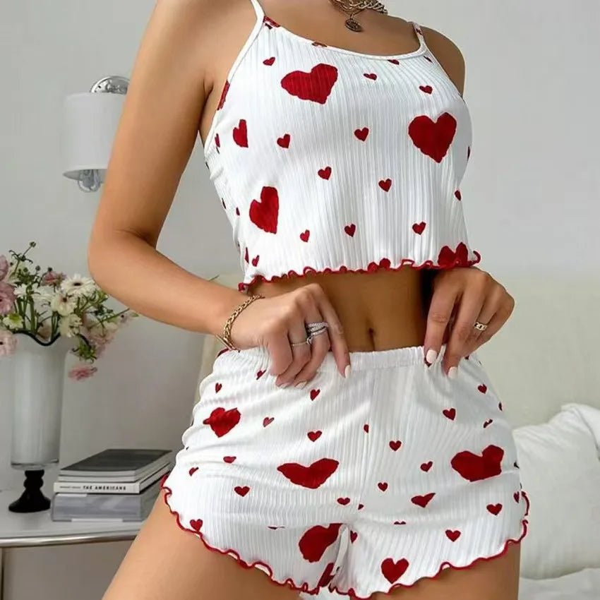 Summer European American Knitted Ribbed Heart Print Design Sweet Collarless Polyester Camisole Shorts Pure Women's Pajamas - Zeprah
