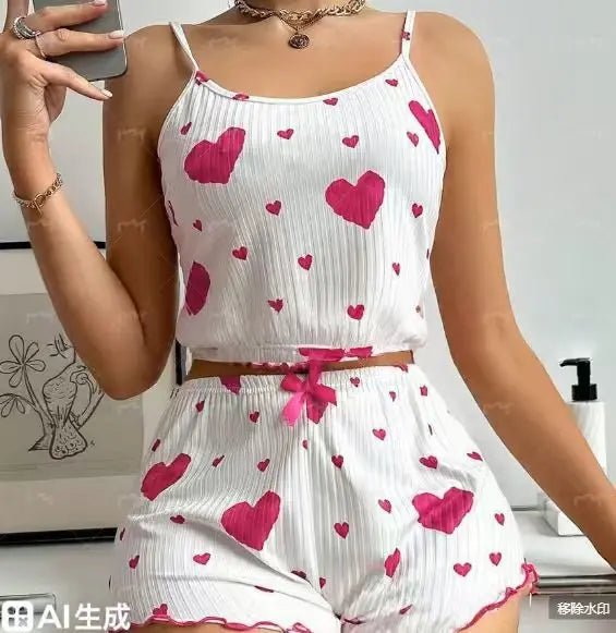 Summer European American Knitted Ribbed Heart Print Design Sweet Collarless Polyester Camisole Shorts Pure Women's Pajamas - Zeprah