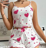 Summer European American Knitted Ribbed Heart Print Design Sweet Collarless Polyester Camisole Shorts Pure Women's Pajamas - Zeprah
