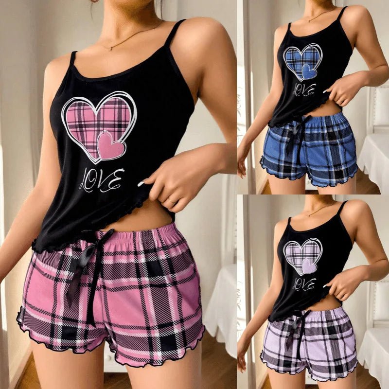 Summer European American Style Women's Sexy Camisole Shorts Thin Pajamas Elastic Waist Printed Two - Piece Quick Dry - Zeprah