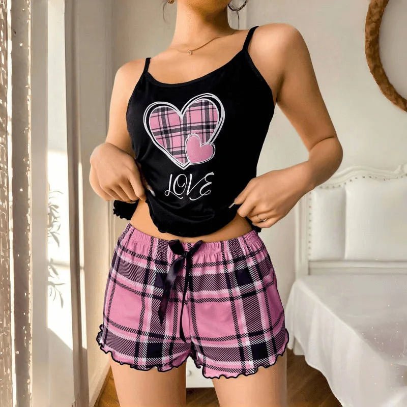 Summer European American Style Women's Sexy Camisole Shorts Thin Pajamas Elastic Waist Printed Two - Piece Quick Dry - Zeprah