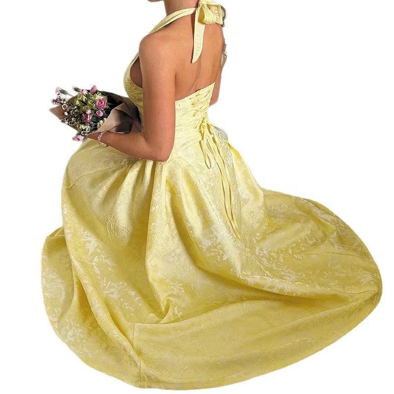 Summer Evening Dress Elegant V - neck Hanging Neck Sleeveless Bareback Waist Party Women's Long Dress - Zeprah