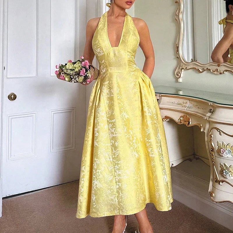 Summer Evening Dress Elegant V - neck Hanging Neck Sleeveless Bareback Waist Party Women's Long Dress - Zeprah