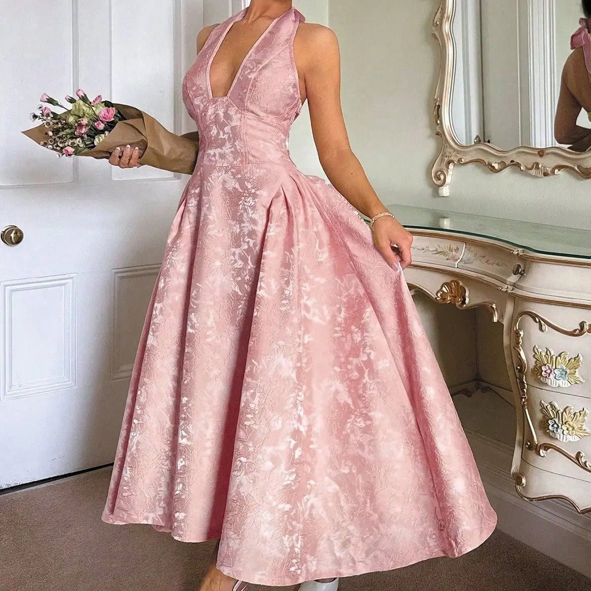 Summer Evening Dress Elegant V - neck Hanging Neck Sleeveless Bareback Waist Party Women's Long Dress - Zeprah