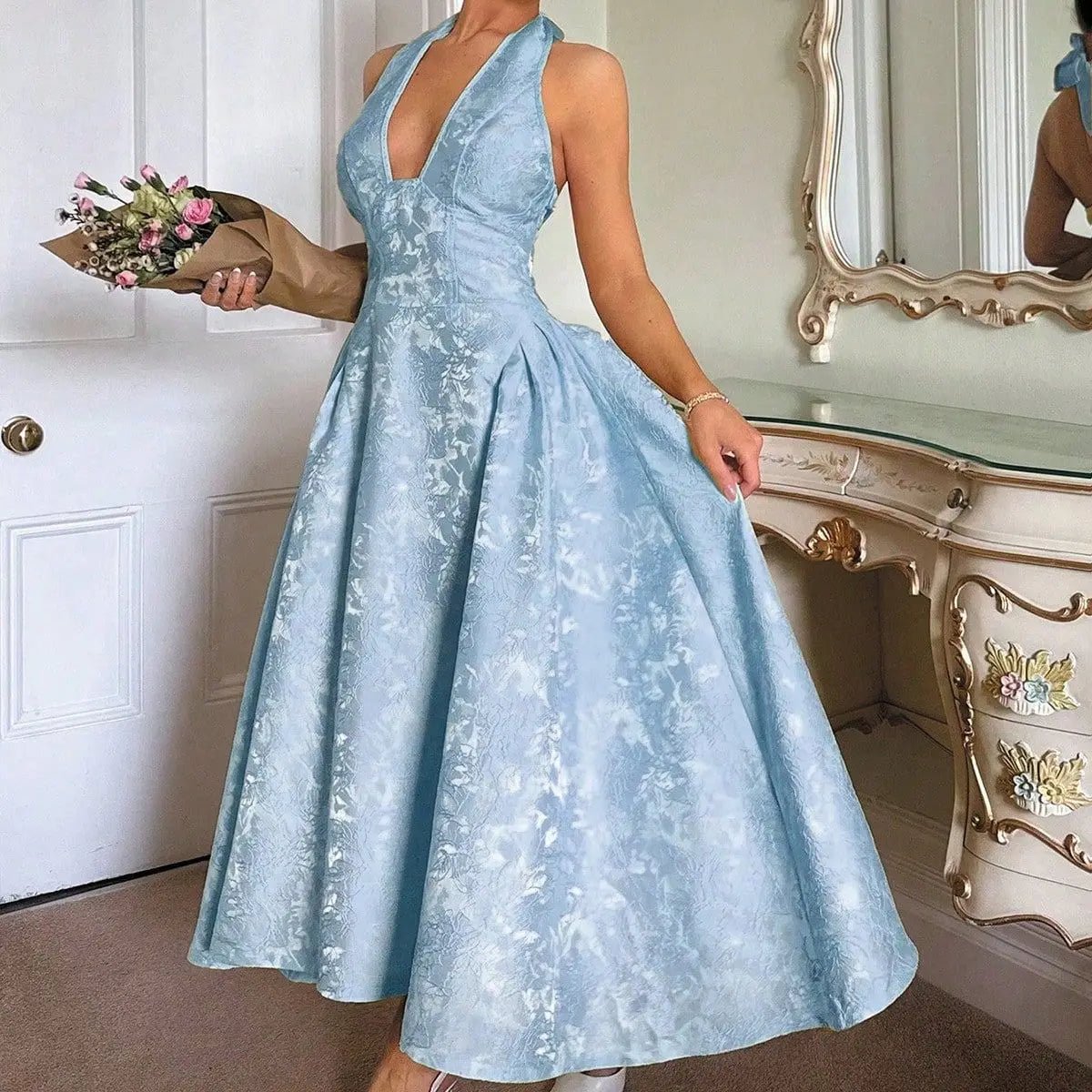 Summer Evening Dress Elegant V - neck Hanging Neck Sleeveless Bareback Waist Party Women's Long Dress - Zeprah