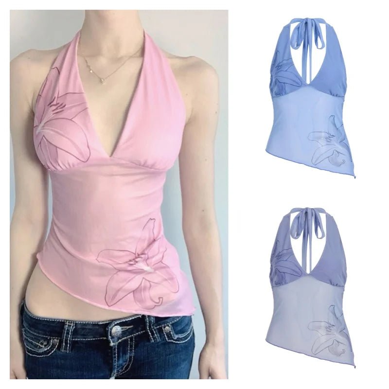 Summer Formal Floral Printed Knitted Tank Top Mesh Quick Drying Breathable V - Neck Short Women's Sexy Top - Zeprah