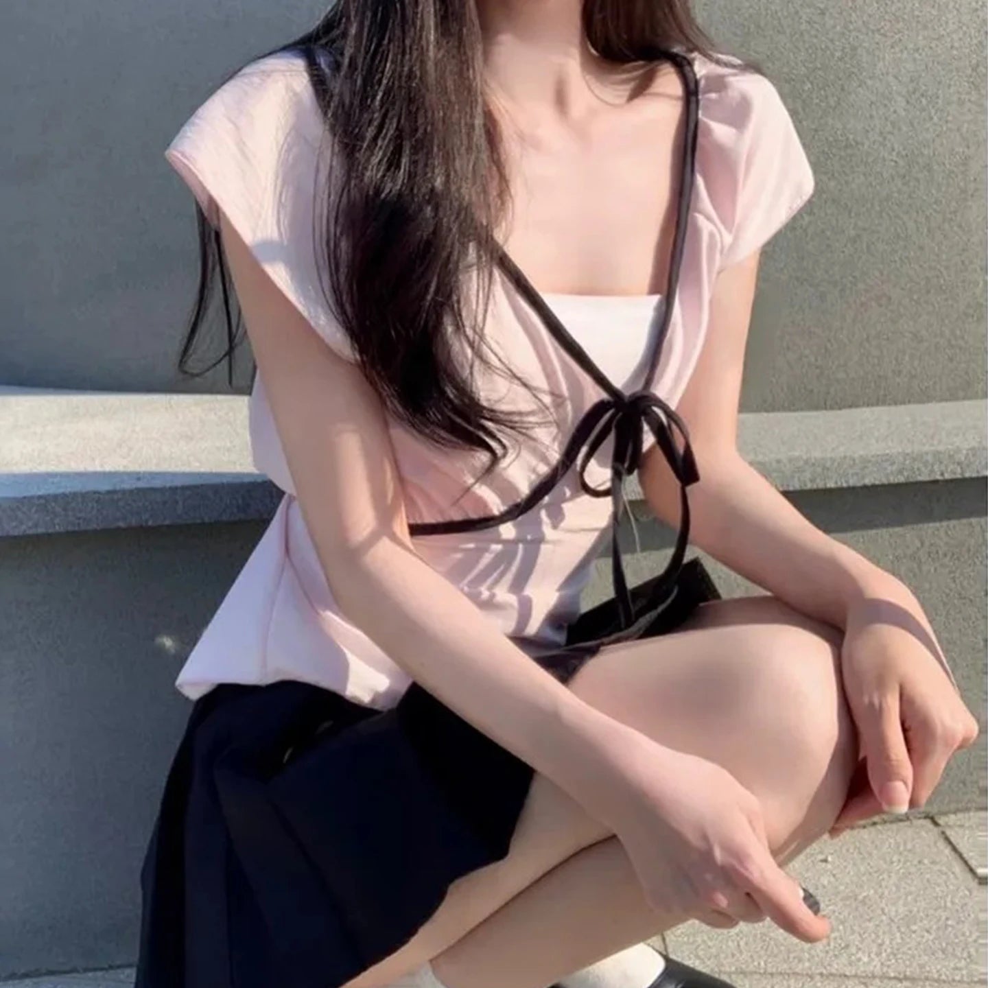 Summer Hot Sale Women's Cute Pink Knitted T-Shirt Soft Sexy V - Neck Casual Top Gentle Style Blouse Anti - Pilling Slim Fit - Zeprah