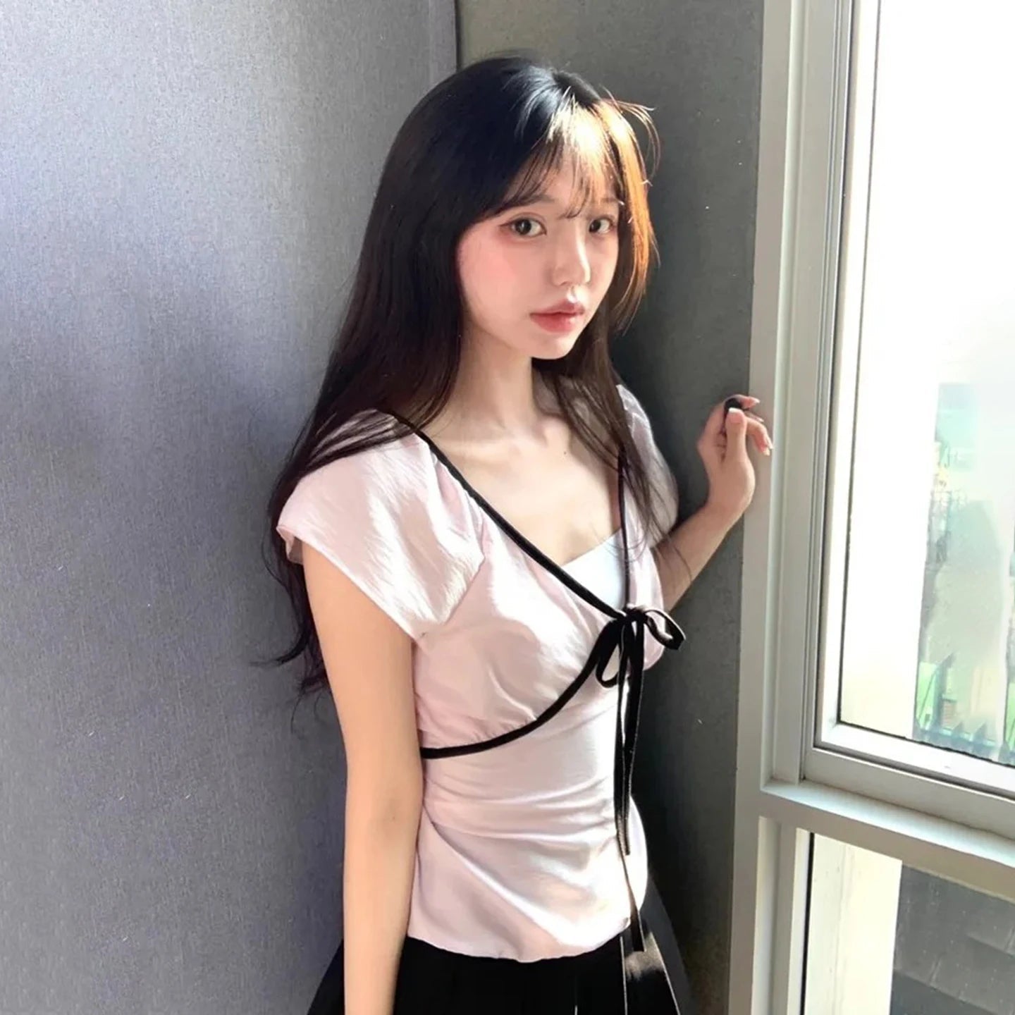 Summer Hot Sale Women's Cute Pink Knitted T-Shirt Soft Sexy V - Neck Casual Top Gentle Style Blouse Anti - Pilling Slim Fit - Zeprah
