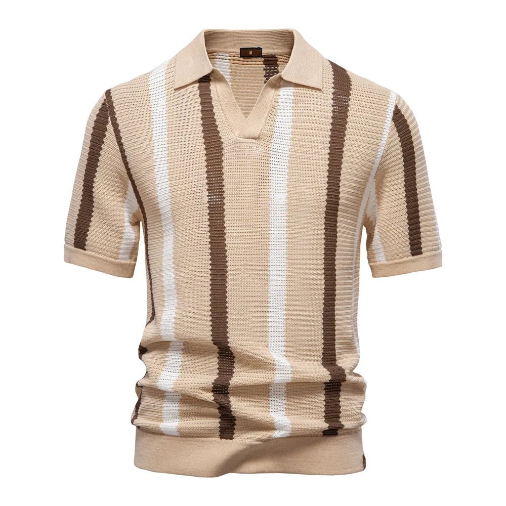 Summer New Breathable Hollow Men's Short - sleeved Jersey 100% Cotton Striped Knitted for Sweater - Zeprah