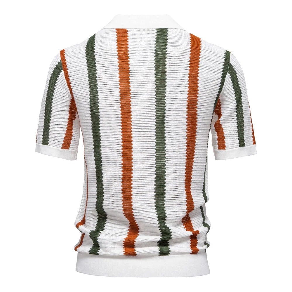 Summer New Breathable Hollow Men's Short - sleeved Jersey 100% Cotton Striped Knitted for Sweater - Zeprah