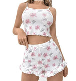 Summer New European American Style Spandex Suspender Shorts Set Sexy Small Flower Drawstring Closure Women's Home Pajamas - Zeprah
