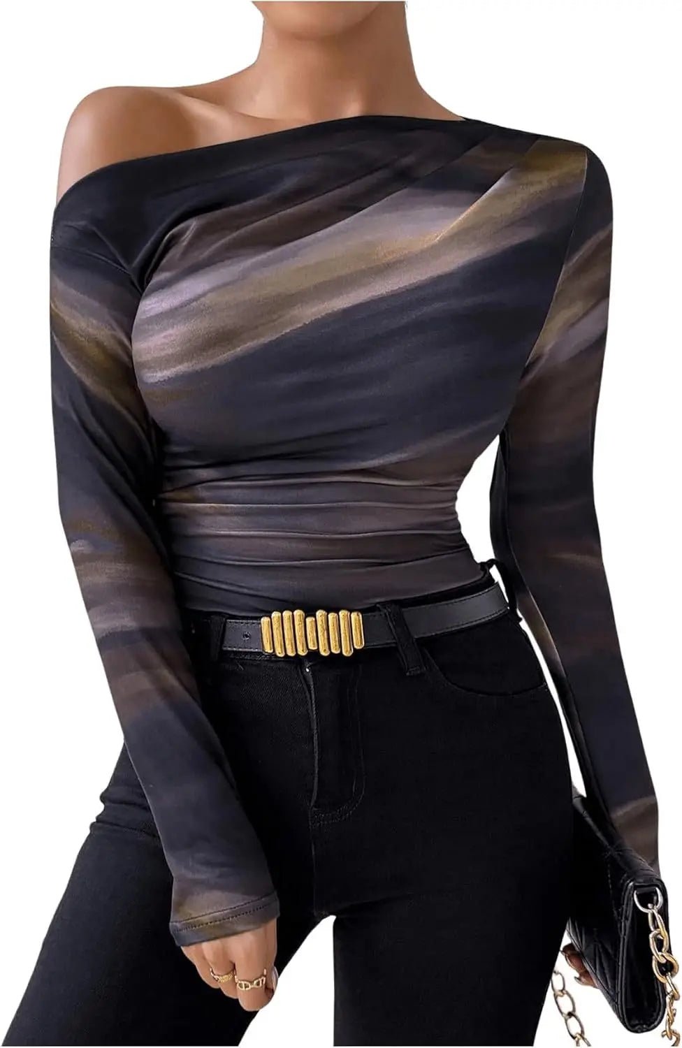 Summer New Fashion Tie - dye Printing Asymmetric Ruffled Women's Long Sleeve T-shirt - Zeprah